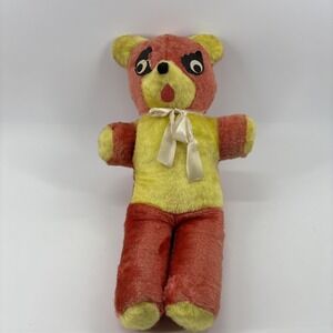 Vintage 50s Carnival Teddy Bear Red White 1950's 22"  Ribbon Soft Fur